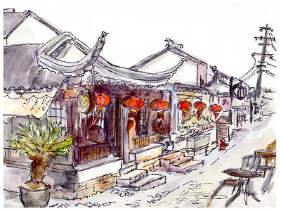 水彩画画中国旧镇、 咖啡馆和红灯笼