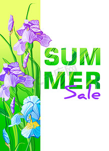 夏季促销摄影照片_夏季销售横幅与蓝色和紫色的花, 花虹膜设计的横幅, 传单, 邀请, 海报, 标语牌, 网站或贺卡. 