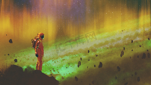宇航员站在星光灿烂的外太空岩石上, 色彩缤纷, 风格, 插画绘画