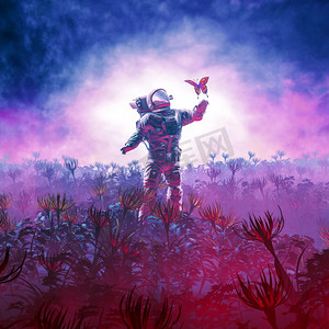 野外旅行/3d 宇航员在外星景观中遭遇蝴蝶的例证