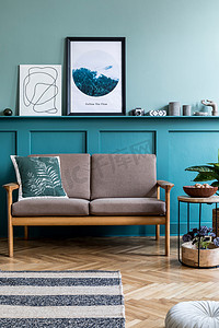 时尚海报摄影照片_舒适时尚沙发的现代绿色室内设计