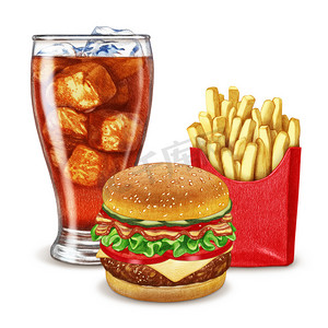 三明治背景摄影照片_Soft drink, Cheeseburger and French fries. 