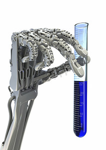 机器人研究员。机械臂保持化学的烧杯。贸易型 3d 图