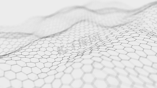 横幅摄影照片_未来的白色六边形背景。未来派蜂窝概念。粒子的波涛3D渲染.