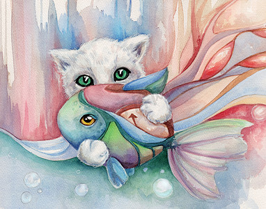 手绘动物爪子摄影照片_水彩绘画只白色的猫爪子抽象背景上着一条鱼