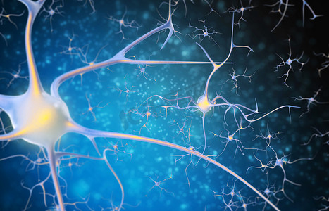 黑色和蓝色的背景上大脑中的神经元.