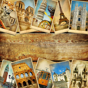 复古拼贴画卡与地方的文本-欧洲旅行