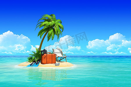 荒漠的热带小岛有棕榈树、躺椅休息室、行李箱。休息、度假、度假、旅行的概念。