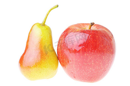 成熟可口的红黄梨和白底红苹果