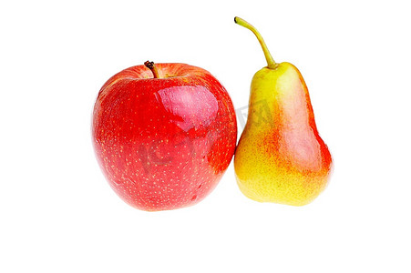 黄梨摄影照片_成熟可口的红黄梨和白底红苹果