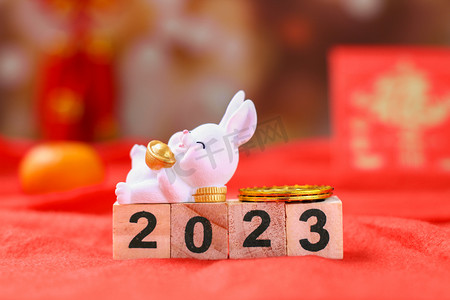 新年春节兔年数字2023兔子摄影图配图