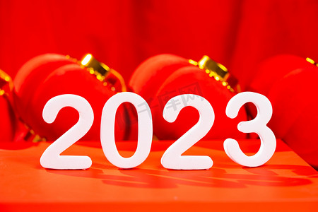 2023喜庆摄影照片_新年白兔2023新春室内红灯笼摄影图配图