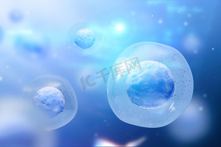 蓝色水摄影照片_带有原子核的蓝色细胞的宏观。抽象的模糊单元格背景。医学、科学、研究和 Dna 研究的概念。3d 渲染模拟