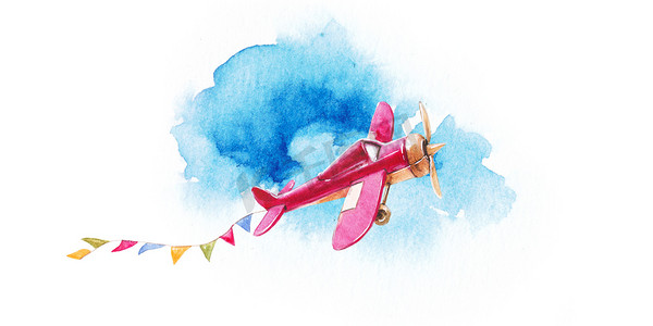 卡通云摄影照片_与儿童的老式飞机卡水彩.