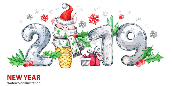 猪猪新年摄影照片_2019新年快乐横幅。可爱的猪与圣诞老人帽子在华夫饼锥和数字。问候水彩插图。冬季假期的象征。星座。完美的日历和庆典卡.