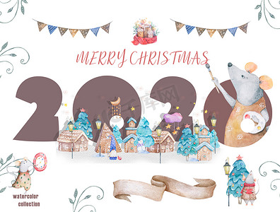 卡通装饰摄影照片_可爱的卡通圣诞鼠圣诞卡。水彩手绘动物插图。新年2020年假期抽奖。五颜六色的搞笑老鼠木框架贺卡