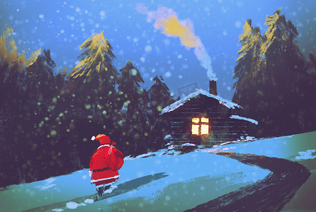 插图和绘画摄影照片_冬季景观与圣诞老人和圣诞夜间木屋