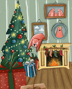 在一个舒适的房子里, 小粉红熊伸出图片, 拿起新年礼物在圣诞树下的房间点燃壁炉在它上面, 袜子的礼物 