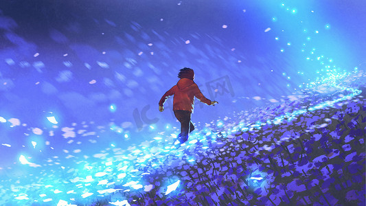 在蓝色的草地上奔跑的男孩的夜的风景与发光的花瓣, 数字式艺术样式, 例证绘画