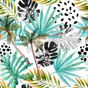 摄影照片_自然无缝模式。手绘抽象的热带夏季背景: 棕榈树, 大理石龟背竹, 扇子棕榈叶, 潦草, 圆点。现代艺术插画
