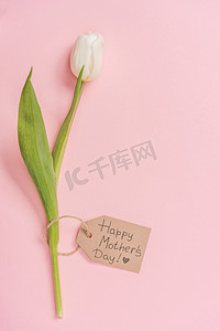 白色郁金香和木制标签与快乐的母亲天问候文本在粉红色的背景