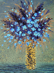 ελαιογραφία. μπλε λουλούδια στο βάζο κίτρινο油画。蓝色的花朵，在黄色的花瓶