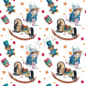 无缝的图案与圣诞水彩鼠标与礼物, 摇马和老式熊泰迪熊军装。新年, 邮递员, 2020年的象征. 