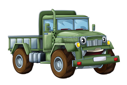 动画片快乐和滑稽的军用卡车-在白色背景或微笑的车-孩子的例证