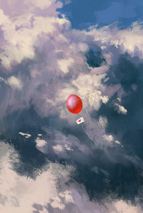 水彩红色天空摄影照片_红色的气球漂浮在空中的爱信信封