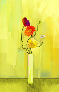 抽象油画的春天的花朵。静物画的黄色、 粉红色和红色的非洲菊。鲜花插在花瓶里用黄色绿色浅色背景.
