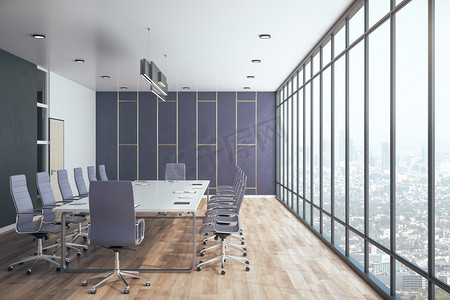 现代会议办公室内部与全景大都市景观。工作场所和生活方式的概念。3d渲染