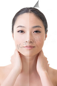 美丽的亚洲女人之前和之后修饰的脸