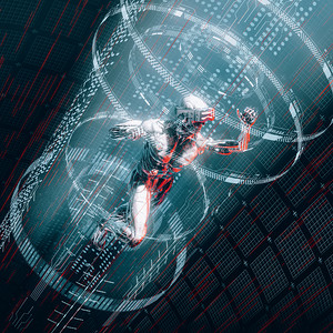 数据门户条目/3d 插图科幻小说男性人形机器人通过发光的虚拟现实代码旅行