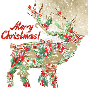 winter摄影照片_watercolor Christmas reindeer. Wish Merry Christmas text. watercolor winter holidays background. illustration Christmas tree, reindeer, mistletoe branch, mistletoe berry, snowflake.