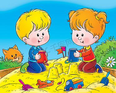 男孩和女孩在砂箱制作与桶沙子城堡.