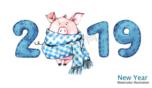 猪猪新年摄影照片_2019新年快乐横幅。可爱的猪在冬天围巾与数字。水彩插图。冬季假期的象征。星座。完美的日历和庆典卡.