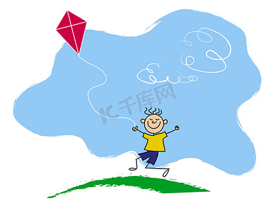 男孩飞行风筝卡通