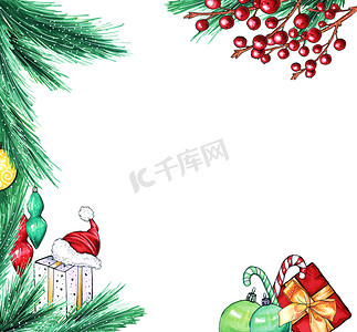 红色丝带手绘摄影照片_圣诞或新年背景,有礼品盒和圣诞老人的红帽子礼物. 拉斯特插图。 手绘,寒假用的隔离装饰. 松树树枝边界