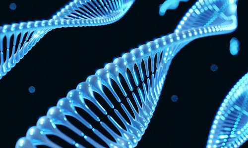 螺旋水泼出去摄影照片_黑色背景下蓝色螺旋DNA染色体的遗传修饰。科学和医学概念。3D插图渲染