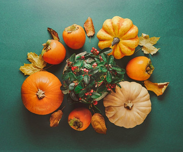 与南瓜、秋天叶子、椰子树人erringbone和柿子果实的秋天组成在深绿色背景，顶视图
