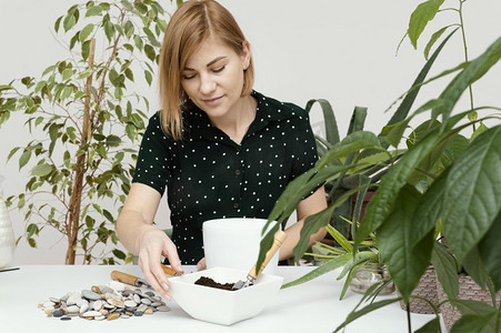 卡通室内植物摄影照片_妇女室内园艺