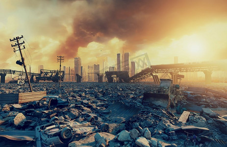 战争摄影照片_一座城市的废墟启示录。3d插图概念。一座城市的废墟世界末日的风景。