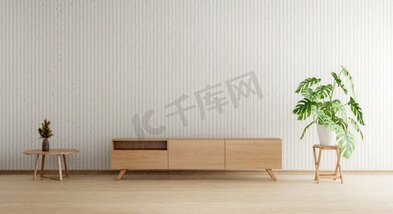 电视柜与空墙木板植物锅和桌子背景。室内和建筑概念。3D插图渲染