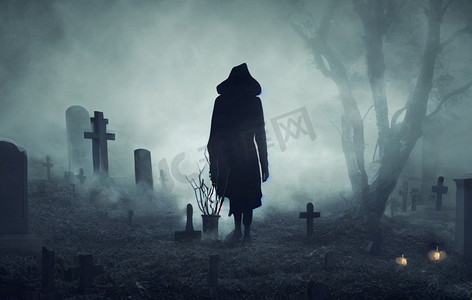 夜晚幽灵在黑暗的墓地漫步万圣节背景