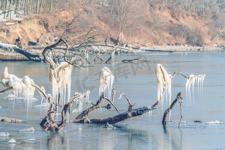 海边冬天摄影照片_冬天结冰的湖面上树枝上挂着冰柱的冰雪景观