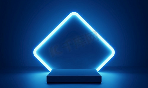 产品介绍摄影照片_Cyberpunk蓝色空讲台与发光的灯框架在黑暗中的产品介绍。科技和科幻概念。3D插图渲染
