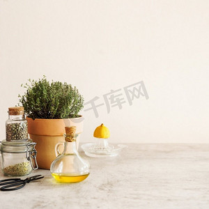 食物调味设置与橄榄油，新鲜的盆栽香草，柠檬和香料在灰色混凝土厨房桌子在墙背景。前视图。拷贝空间