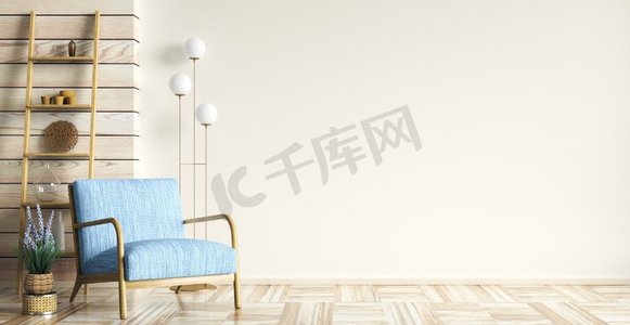 现代客厅的内部设计有蓝色扶手椅在黄色mockup墙壁有木镶板，家设计3d渲染