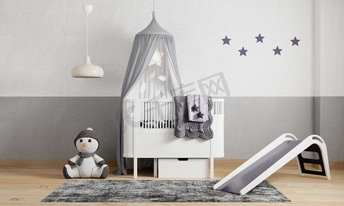 孩子房间在深紫色和黑色灰色色调颜色墙背景。室内和儿童房托儿所的概念。’ 3D插图渲染
