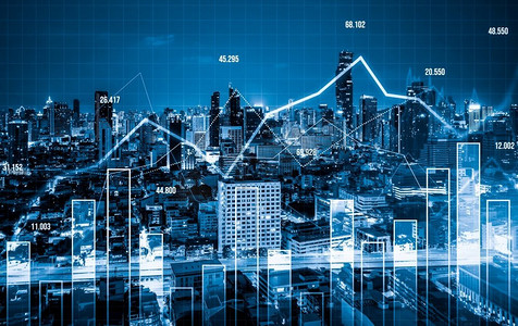 股票市场的经营理念。金融图表和数字指标与现代都市地区和摩天大楼为背景。双重曝光